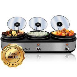 MegaChef- Triple 2.5 Quart Slow Cooker and/or Buffet Server in Brushed Silver and Black Finish with 3 Ceramic Cooking Pots and Removable Lid Rests