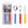Kids'-3Pc Flatware with Stackable Toy Silicone Handle, Children's Stainless Steel Silverware Set
