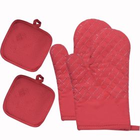Kitchen Oven Mitts, High Heat Resistant, 350 Degree, Extra Long Oven Mitts, 4pcs Set (Color: Red)