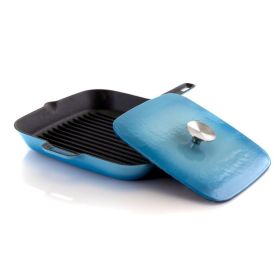 Elegant Hosehold Kitchen-Square Enamel Cast Iron Grill Pan (Color: Blue)
