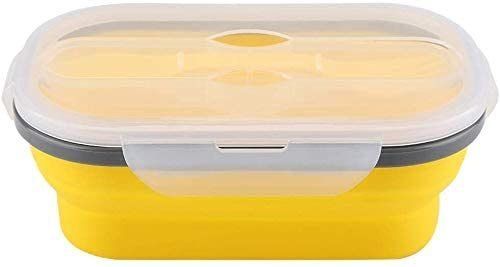 Collapsible Silicone Food Storage with Fork & Spoon, BPA-Free, Dishwasher, Freezer & Microwave Safe (Color: Yellow)