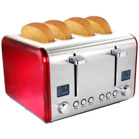 LED Screen, 4 Slice Toaster in Stainless Steel (Color: Red & Silver)